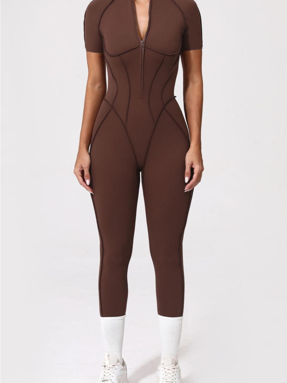 Sculpting Zip-Front Short Sleeve Jumpsuit - Brown
